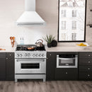 ZLINE 36 in. Satin Stainless Steel Wall Mount Range Hood with White Matte Shell and Stainless Steel Handle (8654SNX-WM-36) in a luxury kitchen.