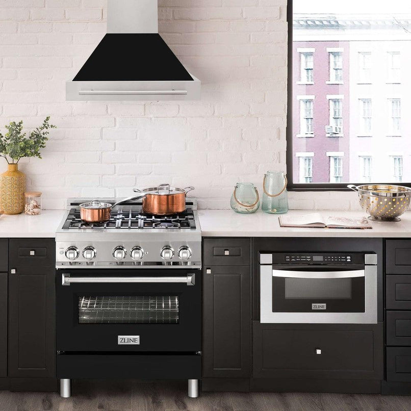 ZLINE 30 in. Stainless Steel Range Hood with Black Matte Shell and Stainless Steel Handle (8654STX-BLM-30) in a luxury kitchen.