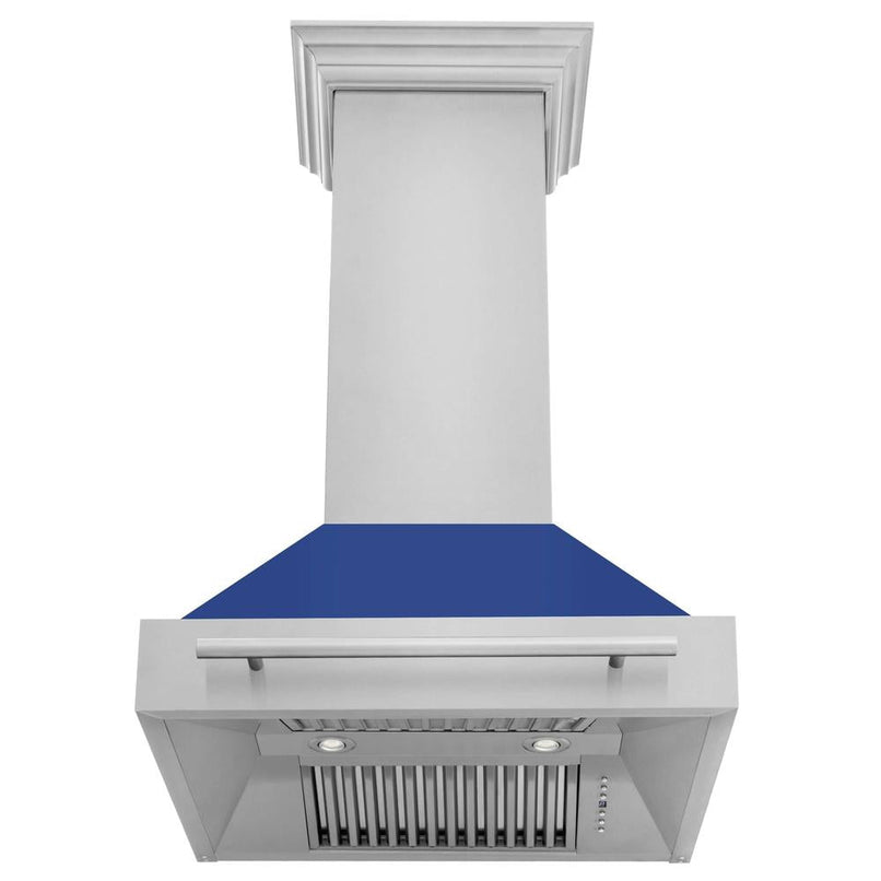 ZLINE 30 in. Stainless Steel Range Hood with Blue Matte Shell and Stainless Steel Handle (8654STX-BM-30) front, under.