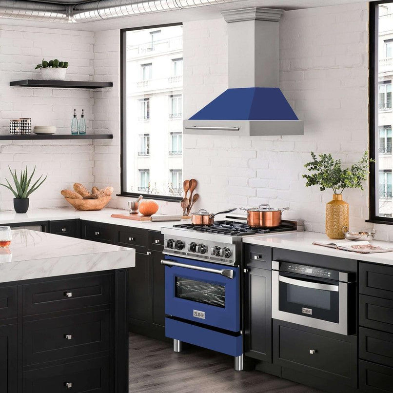 ZLINE 30 in. Stainless Steel Range Hood with Blue Matte Shell and Stainless Steel Handle (8654STX-BM-30) in a luxury kitchen.