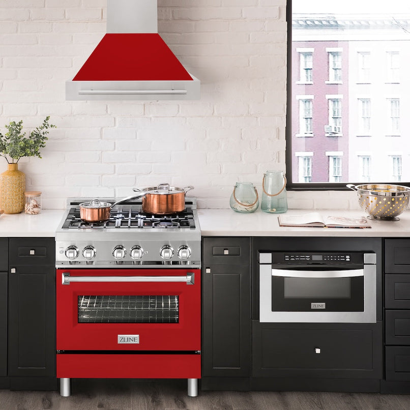 ZLINE 30 in. Stainless Steel Range Hood with Red Matte Shell and Stainless Steel Handle (8654STX-RM-30) in a luxury kitchen.