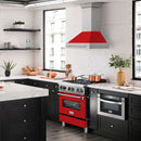 ZLINE 30 in. Stainless Steel Range Hood with Red Matte Shell and Stainless Steel Handle (8654STX-RM-30) in a luxury kitchen.