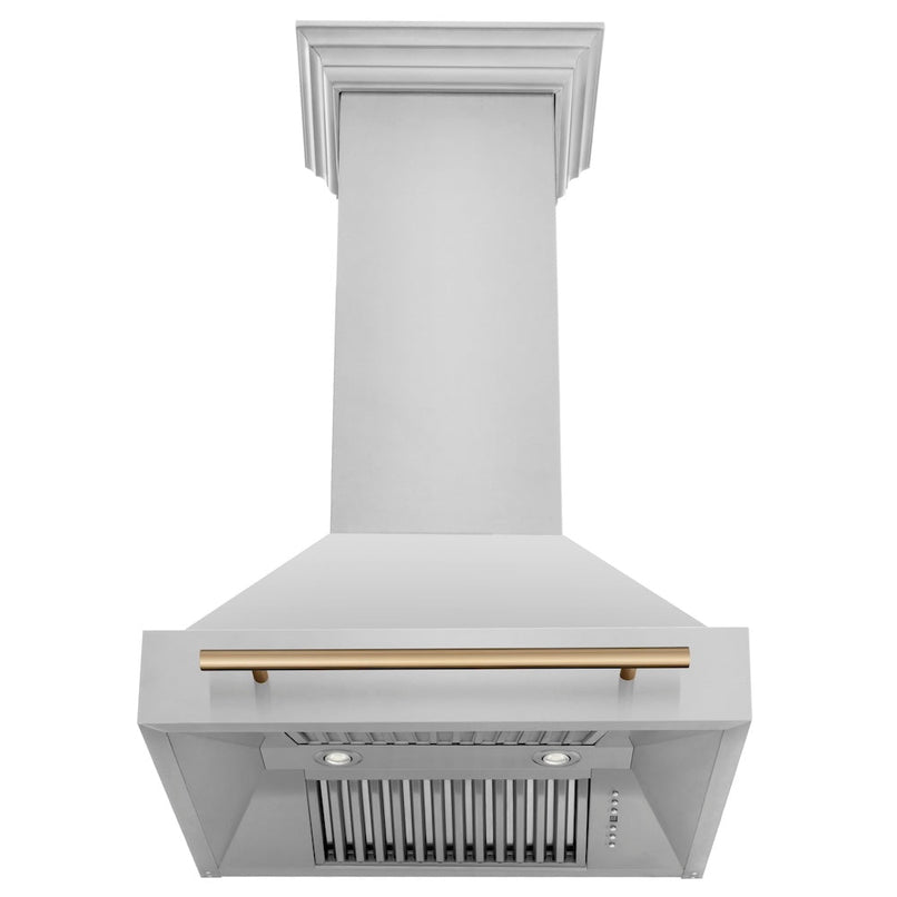 ZLINE Autograph Edition 30 in. Stainless Steel Range Hood with Stainless Steel Shell and Champagne Bronze Handle front, under.