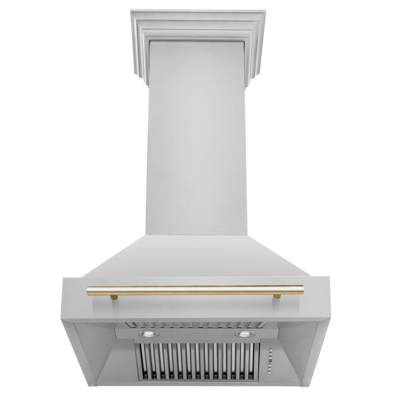 ZLINE Autograph Edition 30 in. Stainless Steel Range Hood with Stainless Steel Shell and Polished Gold Handle (8654STZ-30-G) front, under.
