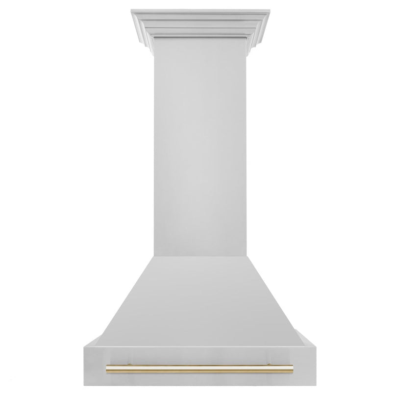 ZLINE Autograph Edition 30 in. Stainless Steel Range Hood with Stainless Steel Shell and Polished Gold Handle (8654STZ-30-G) front.