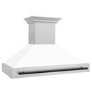 ZLINE Autograph Edition 48 in. Satin Stainless Steel Wall Mount Range Hood with White Matte Shell and Matte Black Handle (8654SNZ-WM48-MB) side.