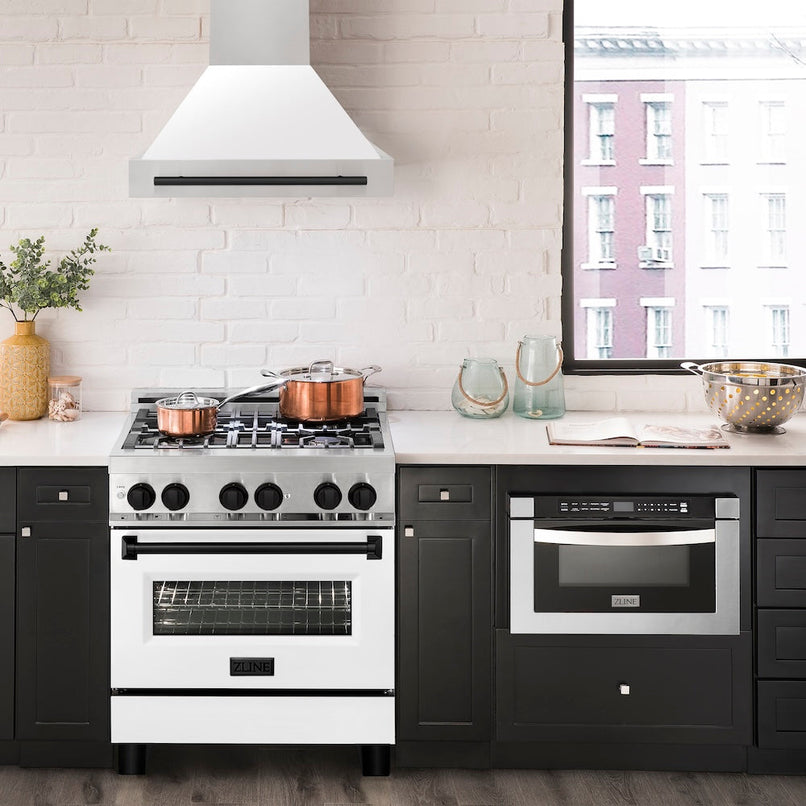 ZLINE Autograph Edition 30 in. Stainless Steel Range Hood with White Matte Shell and Matte Black Handle (8654STZ-WM30-MB) in a luxury kitchen.