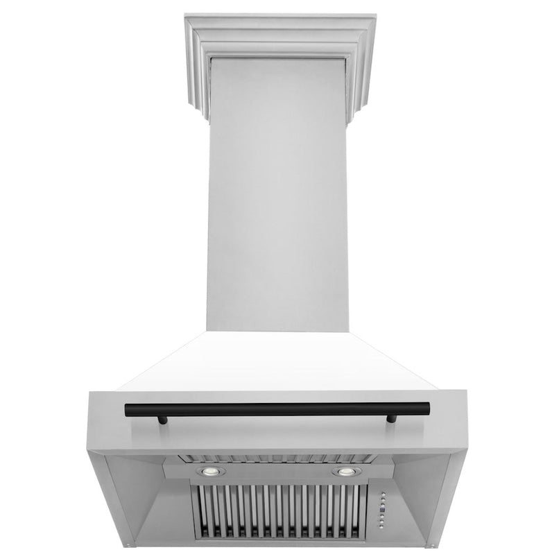 ZLINE Autograph Edition 30 in. Stainless Steel Range Hood with White Matte Shell and Matte Black Handle (8654STZ-WM30-MB) front, under.