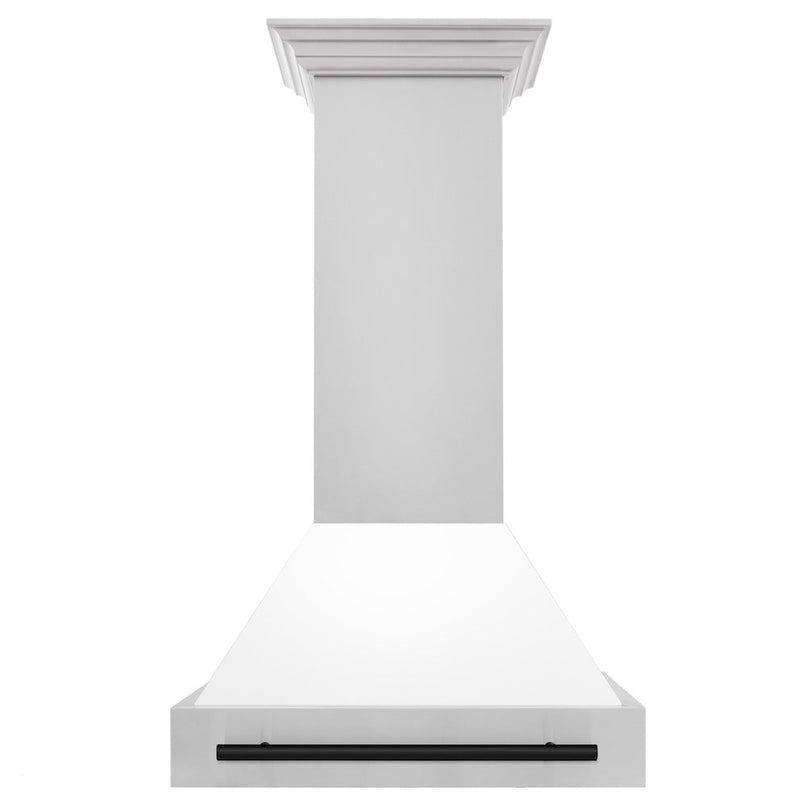 ZLINE Autograph Edition 30 in. Stainless Steel Range Hood with White Matte Shell and Matte Black Handle (8654STZ-WM30-MB) front.
