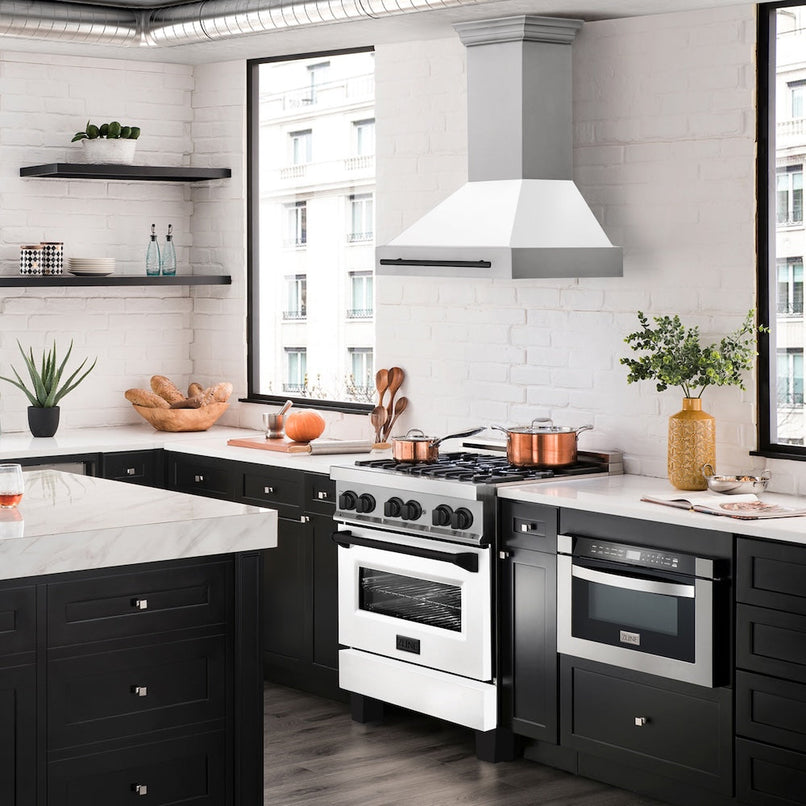 ZLINE Autograph Edition 30 in. Stainless Steel Range Hood with White Matte Shell and Matte Black Handle (8654STZ-WM30-MB) in a luxury kitchen.
