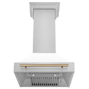 ZLINE Autograph Edition 30 in. Stainless Steel Range Hood with White Matte Shell and Champagne Bronze Handle front, under.