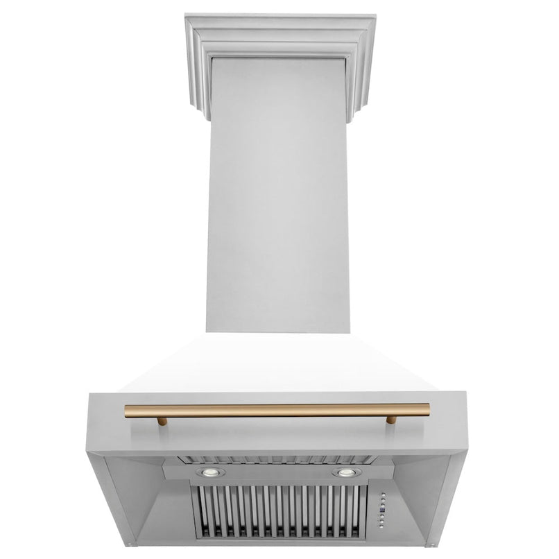 ZLINE Autograph Edition 30 in. Stainless Steel Range Hood with White Matte Shell and Champagne Bronze Handle front, under.
