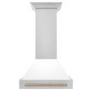 ZLINE Autograph Edition 30 in. Stainless Steel Range Hood with White Matte Shell and Champagne Bronze Handle front.
