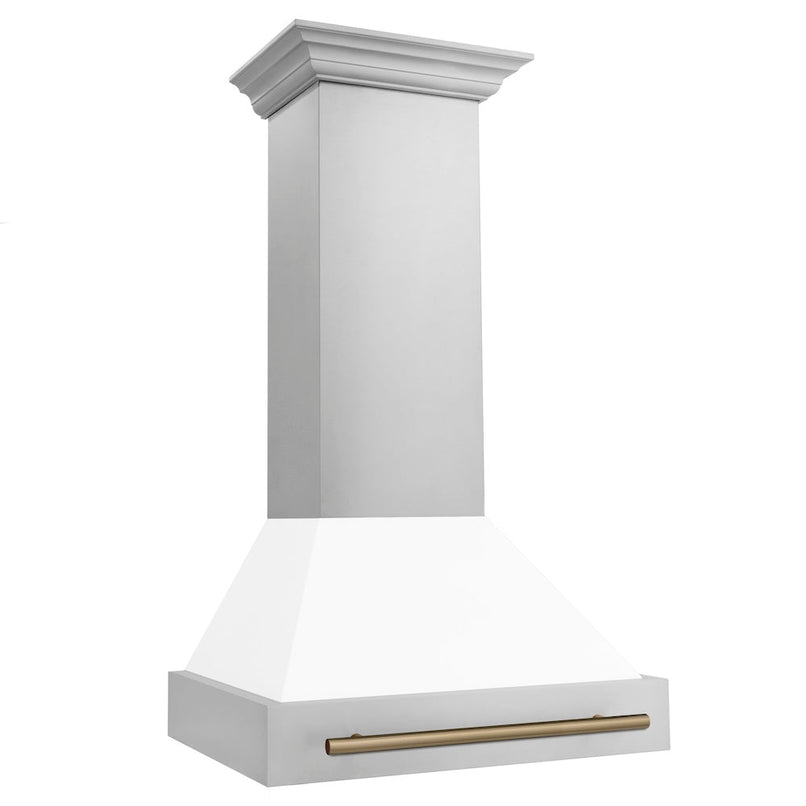 ZLINE Autograph Edition 30 in. Stainless Steel Range Hood with White Matte Shell and Champagne Bronze Handle side.