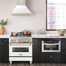 ZLINE Autograph Edition 30 in. Stainless Steel Range Hood with White Matte Shell and Polished Gold Handle in a luxury kitchen.