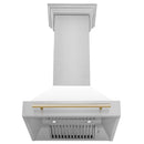 ZLINE Autograph Edition 30 in. Stainless Steel Range Hood with White Matte Shell and Polished Gold Handle front, under.