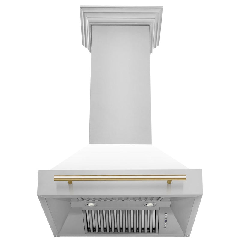ZLINE Autograph Edition 30 in. Stainless Steel Range Hood with White Matte Shell and Polished Gold Handle front, under.