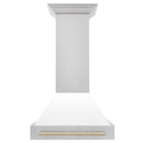 ZLINE Autograph Edition 30 in. Stainless Steel Range Hood with White Matte Shell and Polished Gold Handle front.
