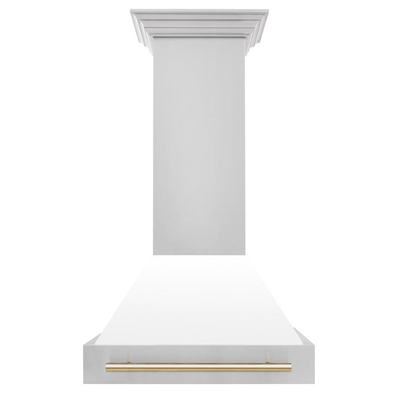 ZLINE Autograph Edition 30 in. Stainless Steel Range Hood with White Matte Shell and Polished Gold Handle front.