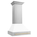 ZLINE Autograph Edition 30 in. Stainless Steel Range Hood with White Matte Shell and Polished Gold Handle side.