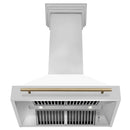 ZLINE Autograph Edition 36 in. Stainless Steel Range Hood with White Matte Shell and Champagne Bronze Handle (8654STZ-WM36-CB) front, under.