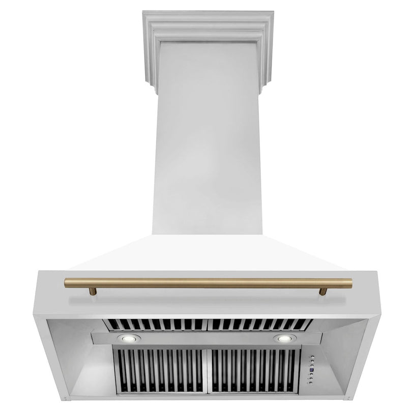 ZLINE Autograph Edition 36 in. Stainless Steel Range Hood with White Matte Shell and Champagne Bronze Handle (8654STZ-WM36-CB) front, under.