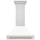 ZLINE Autograph Edition 36 in. Stainless Steel Range Hood with White Matte Shell and Champagne Bronze Handle (8654STZ-WM36-CB) front.
