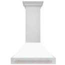 ZLINE Autograph Edition 36 in. Stainless Steel Range Hood with White Matte Shell and Polished Gold Handle (8654STZ-WM36-G) front.