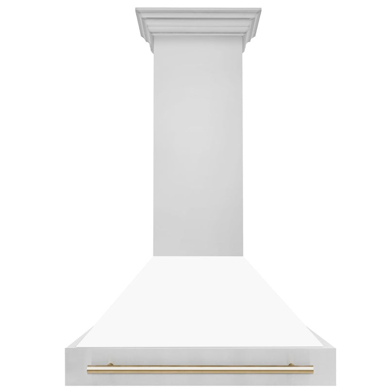 ZLINE Autograph Edition 36 in. Stainless Steel Range Hood with White Matte Shell and Polished Gold Handle (8654STZ-WM36-G) front.