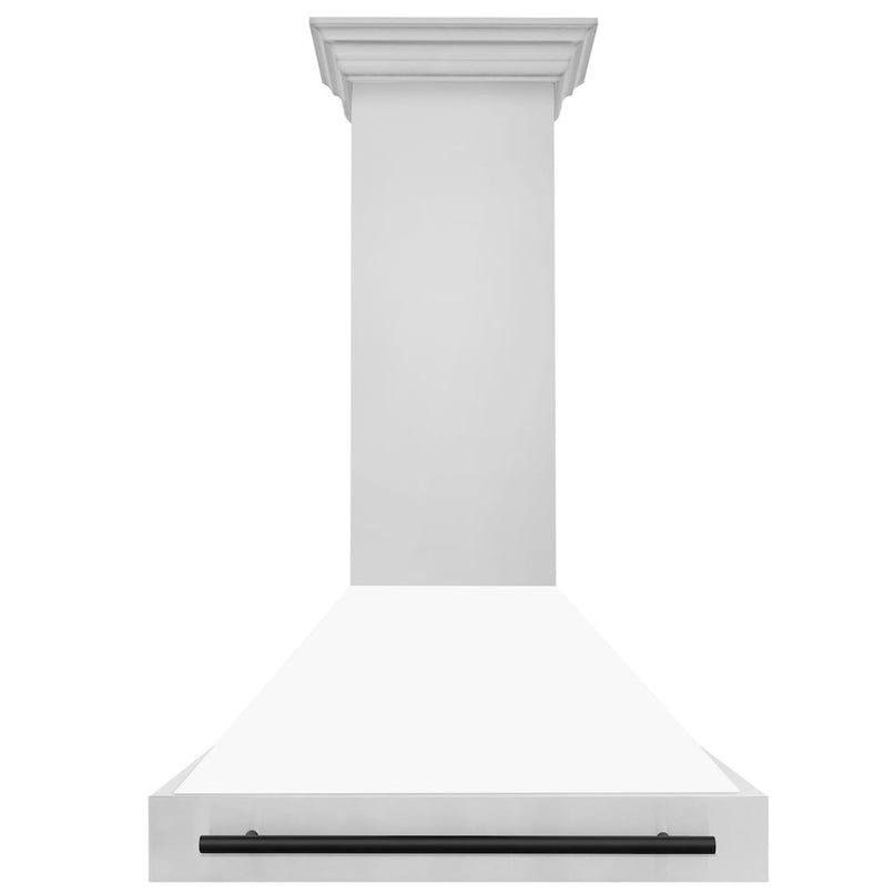 ZLINE Autograph Edition 36 in. Stainless Steel Range Hood with White Matte Shell and Matte Black Handle (8654STZ-WM36-MB) front.