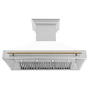 ZLINE Autograph Edition 48 in. Stainless Steel Range Hood with White Matte Shell and Champagne Bronze Handle (8654STZ-WM48-CB) front, under.