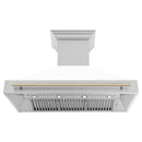 ZLINE Autograph Edition 48 in. Stainless Steel Range Hood with White Matte Shell and Polished Gold Handle (8654STZ-WM48-G) front, under.