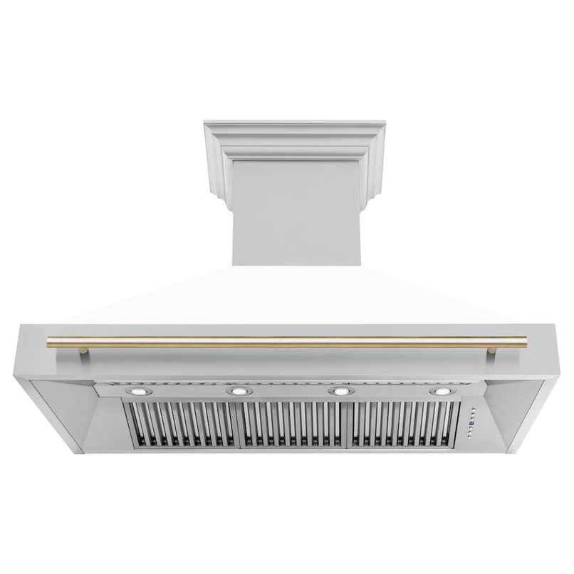 ZLINE Autograph Edition 48 in. Stainless Steel Range Hood with White Matte Shell and Polished Gold Handle (8654STZ-WM48-G) front, under.