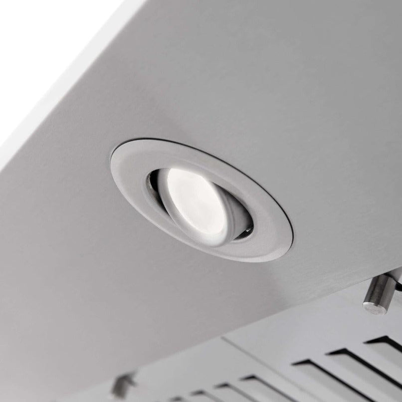 ZLINE 30 in. CrownSound™ Ducted Vent Wall Mount Range Hood in Stainless Steel with Built-in Bluetooth Speakers (KF2CRN-BT-30) built-in lighting.