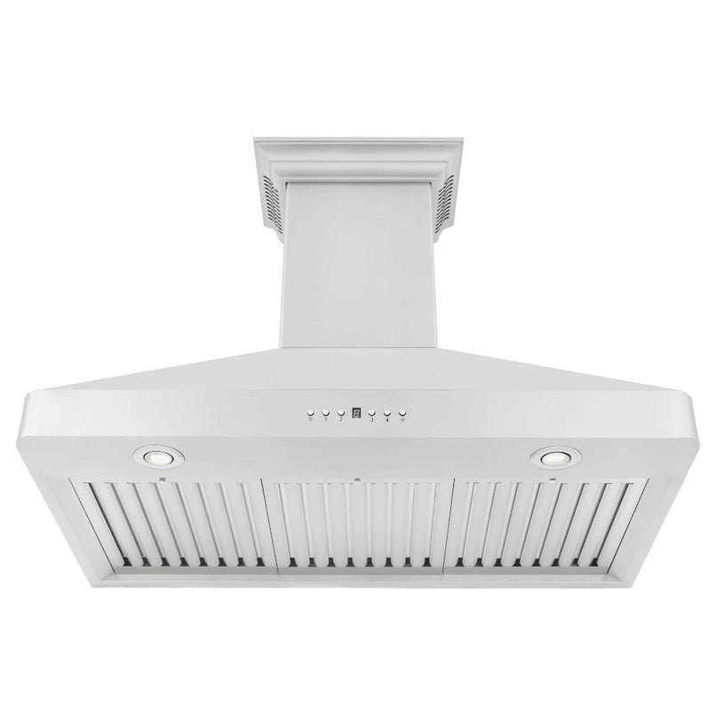 ZLINE 36 in. CrownSound™ Ducted Vent Wall Mount Range Hood in Stainless Steel with Built-in Bluetooth Speakers (KF2CRN-BT-36) under.