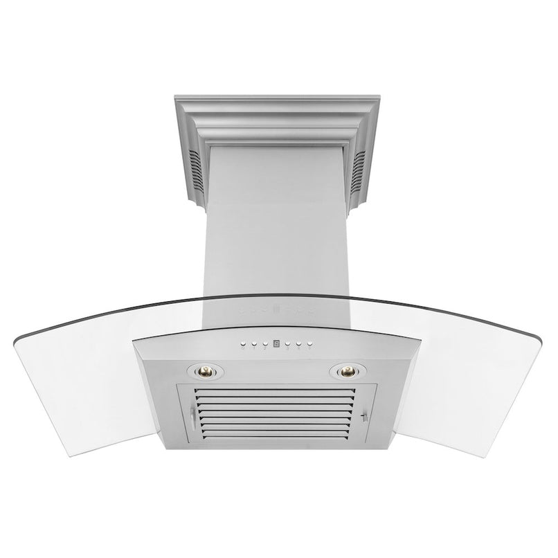ZLINE 36 in. CrownSound™ Ducted Vent Wall Mount Range Hood in Stainless Steel and Glass with Built-in Bluetooth Speakers (KZCRN-BT-36) front, under.