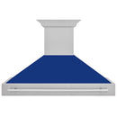 ZLINE 48 in. Satin Stainless Steel Wall Mount Range Hood with Blue Gloss Shell and Stainless Steel Handle (8654SNX-BG48) front.