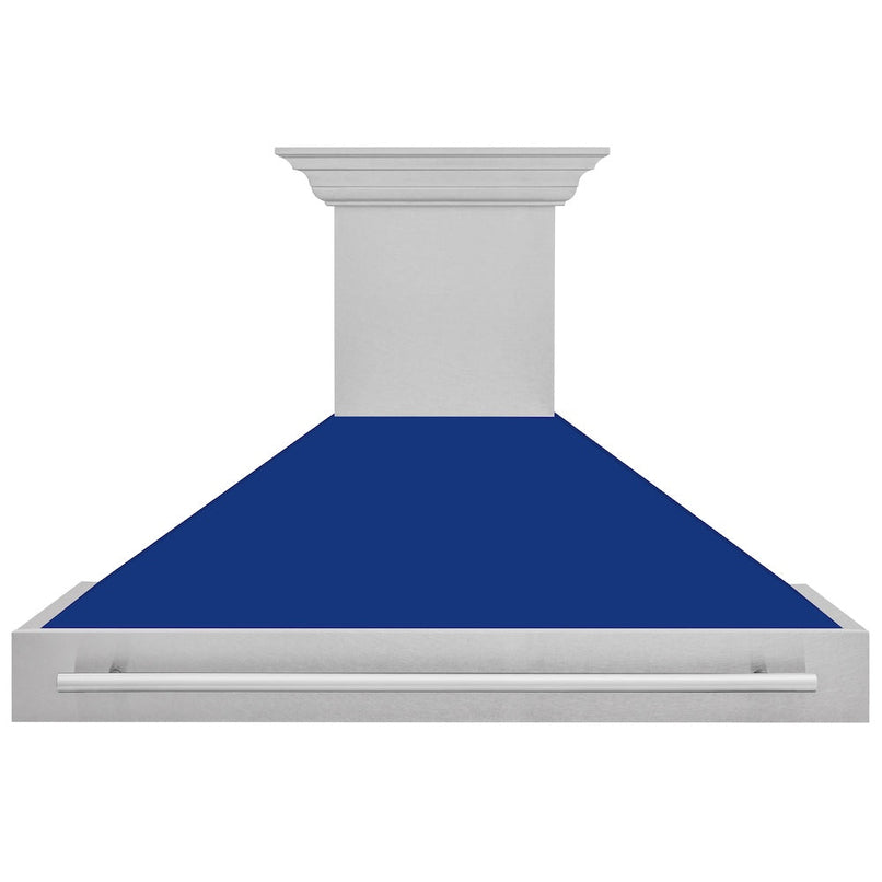 ZLINE 48 in. Satin Stainless Steel Wall Mount Range Hood with Blue Gloss Shell and Stainless Steel Handle (8654SNX-BG48) front.