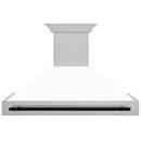 ZLINE Autograph Edition 48 in. Satin Stainless Steel Wall Mount Range Hood with White Matte Shell and Matte Black Handle (8654SNZ-WM48-MB) front.