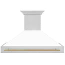 ZLINE Autograph Edition 48 in. Stainless Steel Range Hood with White Matte Shell and Polished Gold Handle (8654STZ-WM48-G) front.