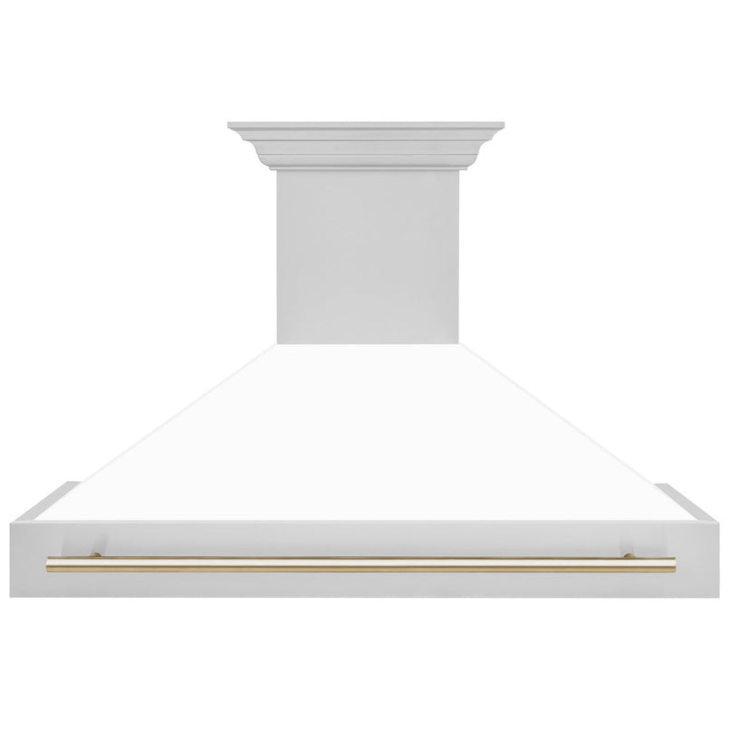 ZLINE Autograph Edition 48 in. Stainless Steel Range Hood with White Matte Shell and Polished Gold Handle (8654STZ-WM48-G) front.