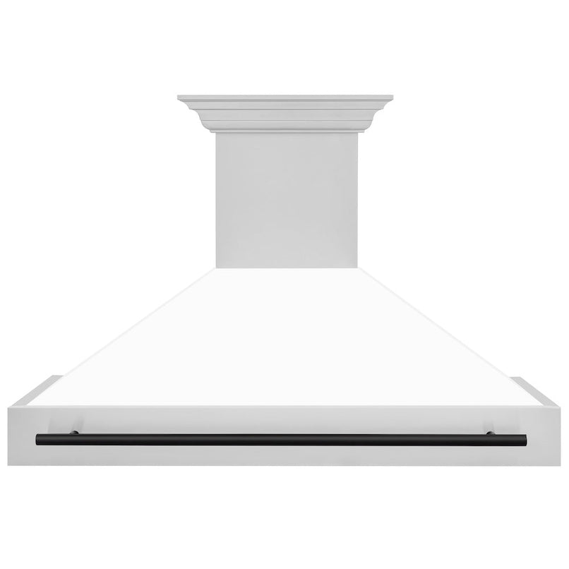 ZLINE Autograph Edition 48 in. Stainless Steel Range Hood with White Matte Shell and Matte Black Handle (8654STZ-WM48-MB) front.