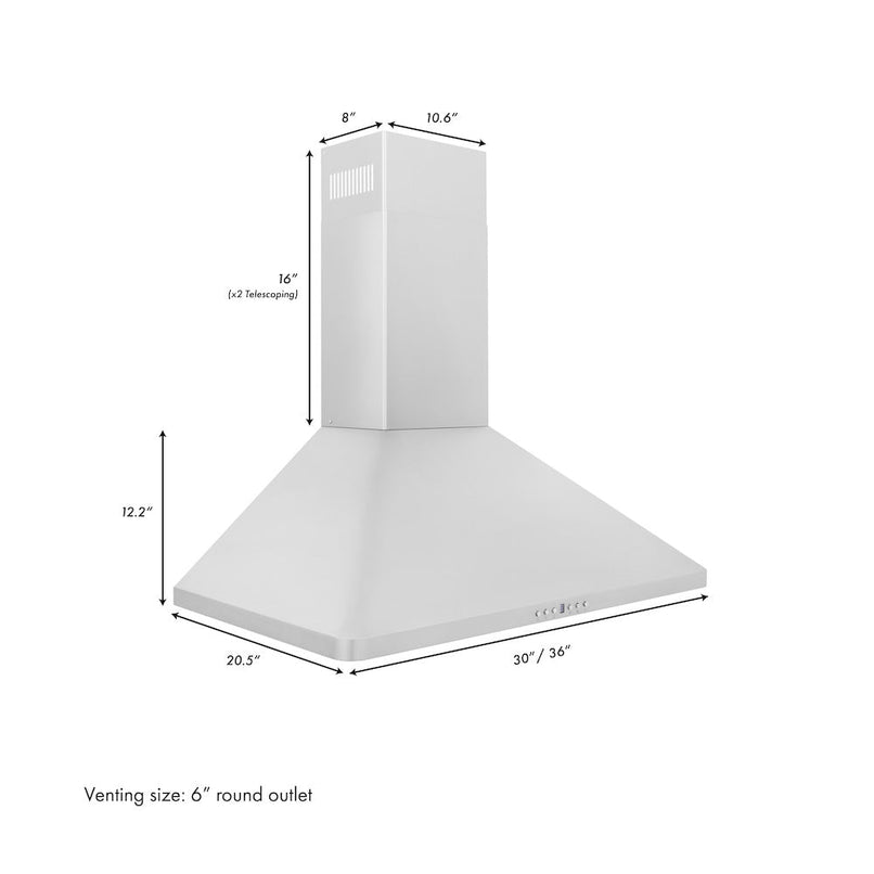 ZLINE 30 in. Convertible Vent Wall Mount Range Hood in Stainless Steel (KF1-30) dimensional diagram.