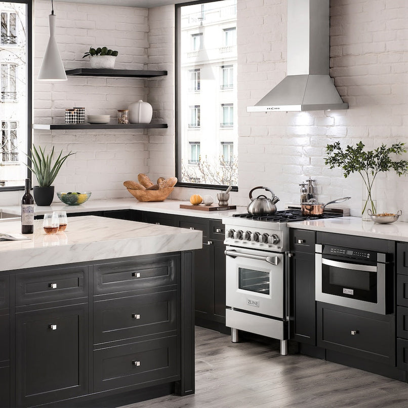 ZLINE 24 in. Convertible Vent Wall Mount Range Hood in Stainless Steel (KB-24) in a luxury kitchen.