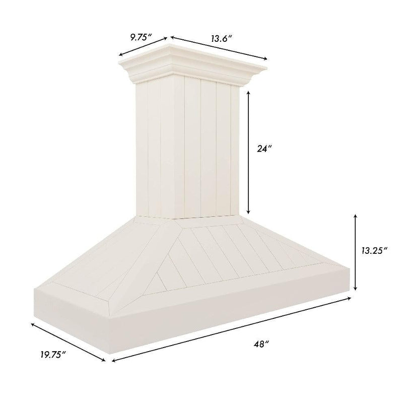 ZLINE 48 in. Ducted Vent Wooden Convertible Vent Wall Mount Range Hood in Cottage White (KPTT-48) dimensional diagram.