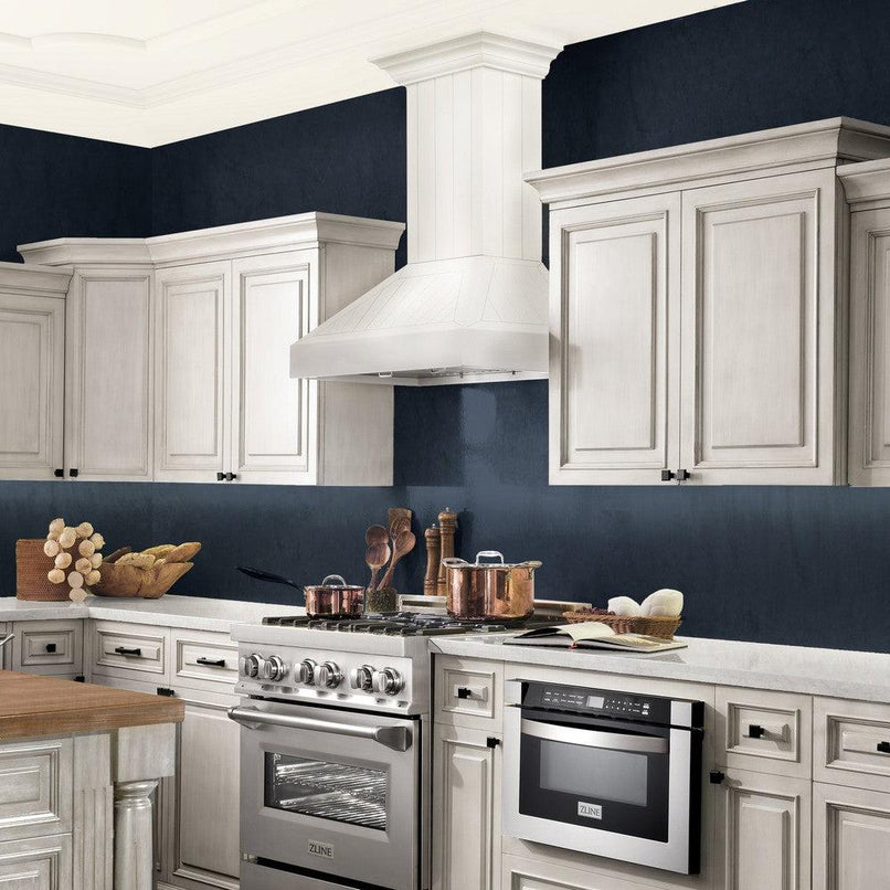 ZLINE 48 in. Ducted Vent Wooden Convertible Vent Wall Mount Range Hood in Cottage White (KPTT-48) in a luxury kitchen.