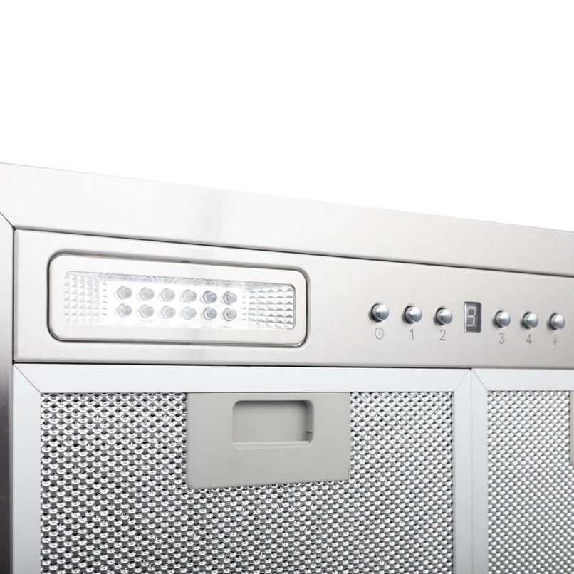 ZLINE 20.5 in. Ducted Wall Mount Range Hood Insert with LED Lighting in Stainless Steel (E690) close-up, built-in lighting.