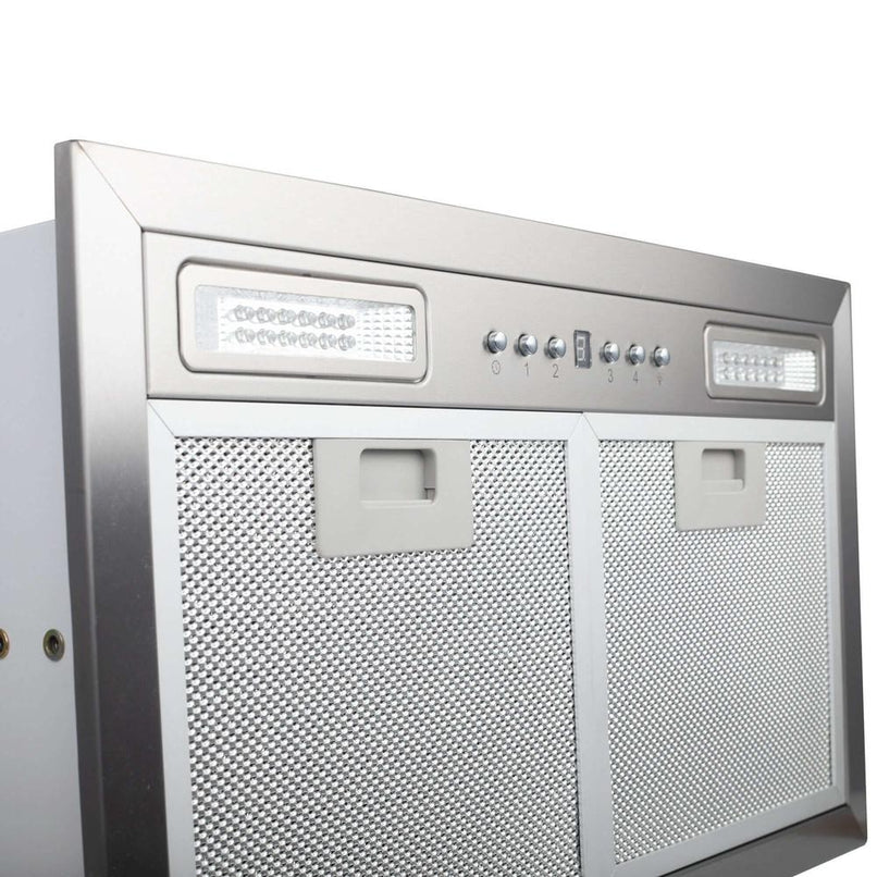 ZLINE 20.5 in. Ducted Wall Mount Range Hood Insert with LED Lighting in Stainless Steel (E690) side, close-up.