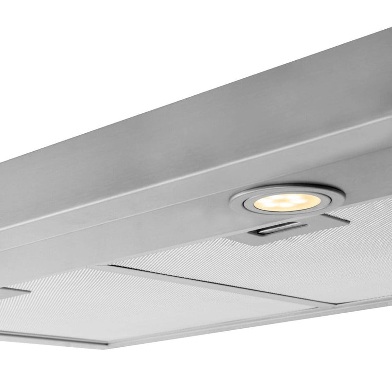 ZLINE 30 in. Ducted Under Cabinet Range Hood in Stainless Steel - Hardwired Power (617-30) close-up, built-in LED light.