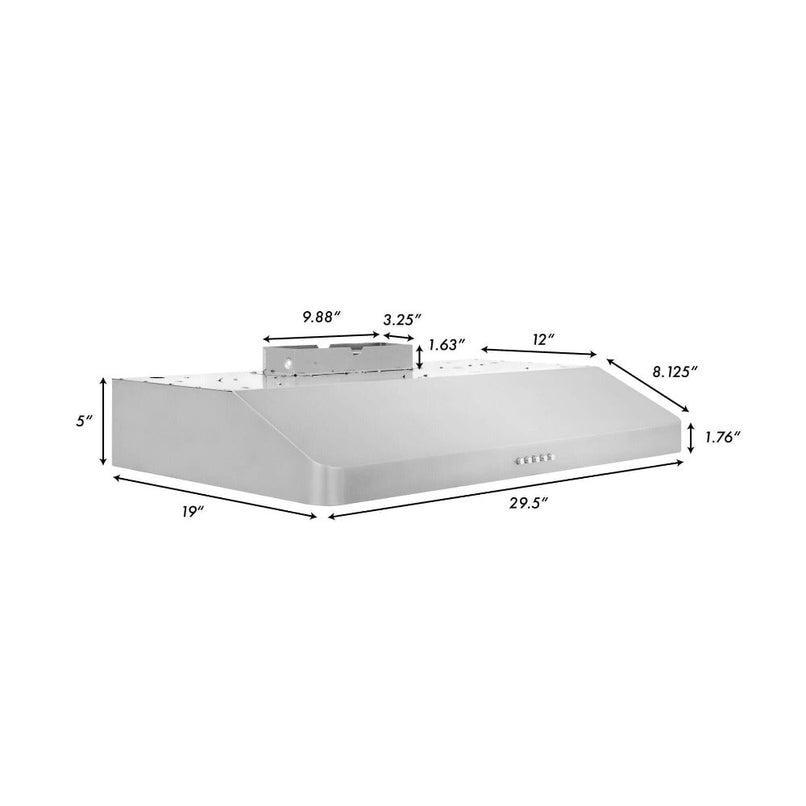 ZLINE 30 in. Ducted Under Cabinet Range Hood in Stainless Steel - Hardwired Power (617-30) dimensional diagram.